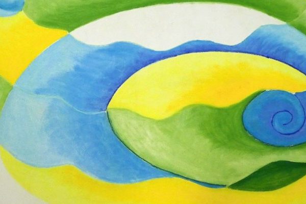 Pastel picture of abstract shell in yellow, blue and green