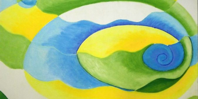 Pastel picture of abstract shell in yellow, blue and green