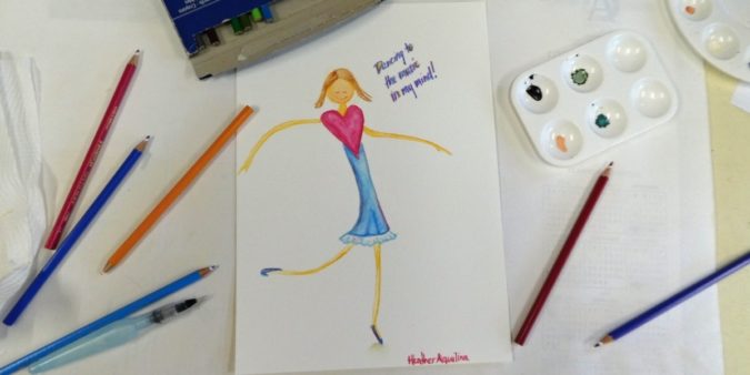 Color pencil drawing of girl dancing with heart