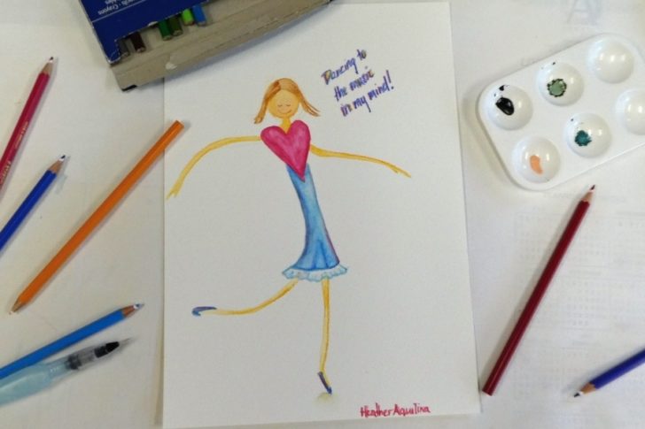 Color pencil drawing of girl dancing with heart
