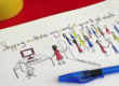 Stick figure drawing of woman leaving her office to meet people outside