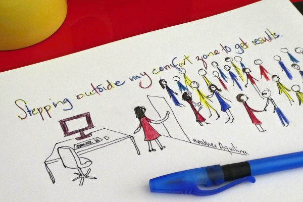 Stick figure drawing of woman leaving her office to meet people outside