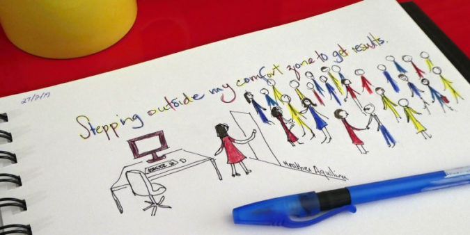 Stick figure drawing of woman leaving her office to meet people outside