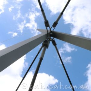 Photo of bridge supports coming together against the sky