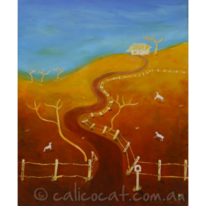 Abstract acrylic painting of a house on a hill in rural Australia