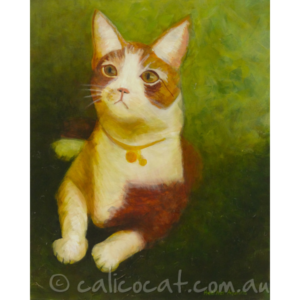 Acrylic painting of a ginger and white cat.