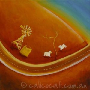 Abstract acrylic painting of an Australian outback scene containing a windmill