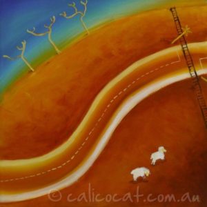 Abstract acrylic painting of an Australian outback scene containing a railway
