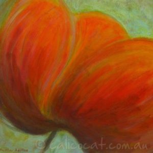 Abstract acrylic painting of a Red Poppy on green background