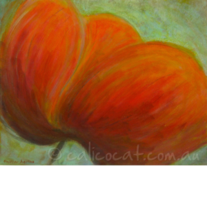 Abstract acrylic painting of a red poppy on green background