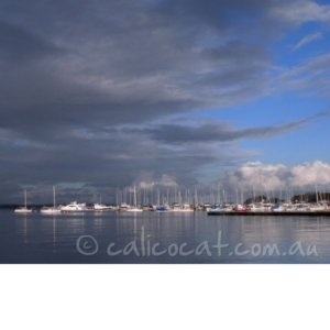 Photo of yachts in a marina with heavy cloud