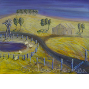Abstract acrylic painting of a rural Australian scene with sheep and a dam